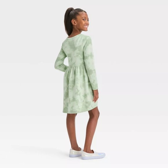 Cat & Jack - Girls' Long Sleeve French Terry Tie-Dye Dress - Dusty Green - Picture 2 of 7